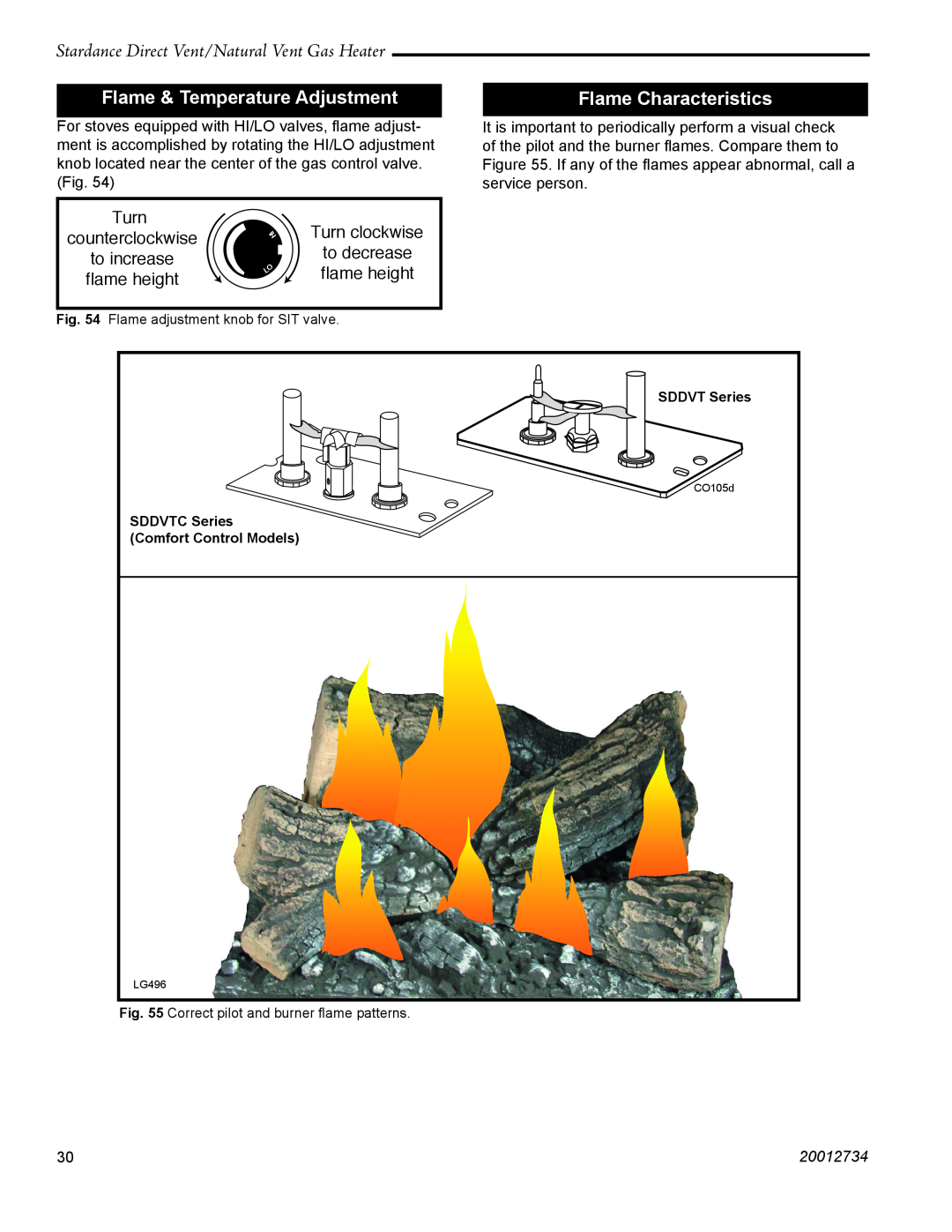Vermont Casting SDDVT manual Flame & Temperature Adjustment, Flame Characteristics, Turn clockwise to decrease flame height 