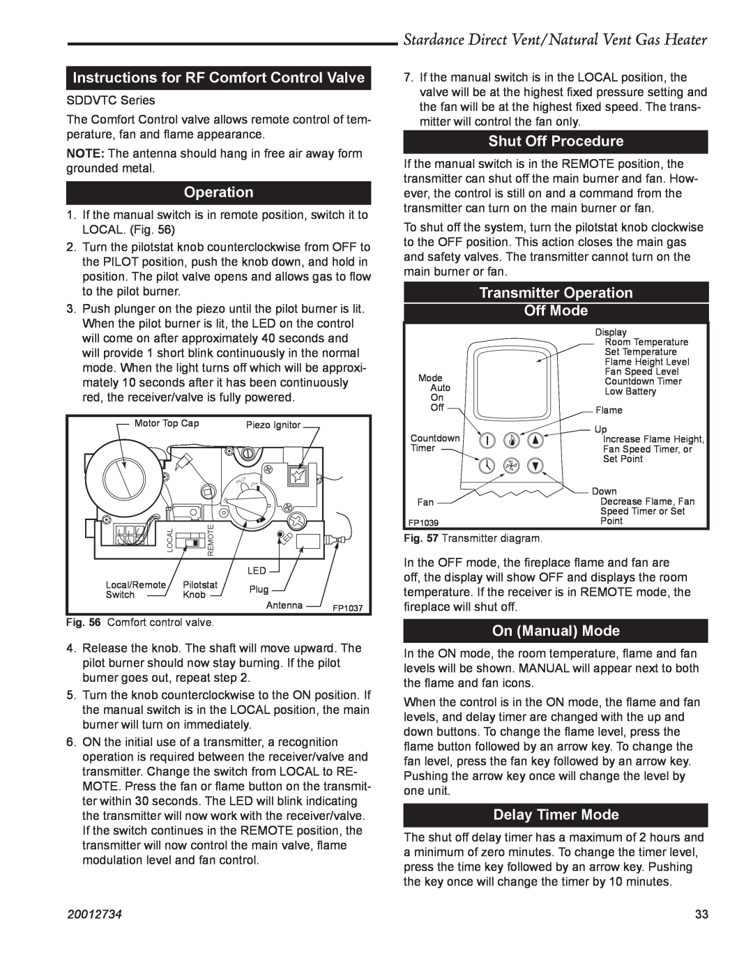 Vermont Casting SDDVT Instructions for RF Comfort Control Valve, Operation, Shut Off Procedure, On Manual Mode, 20012734 