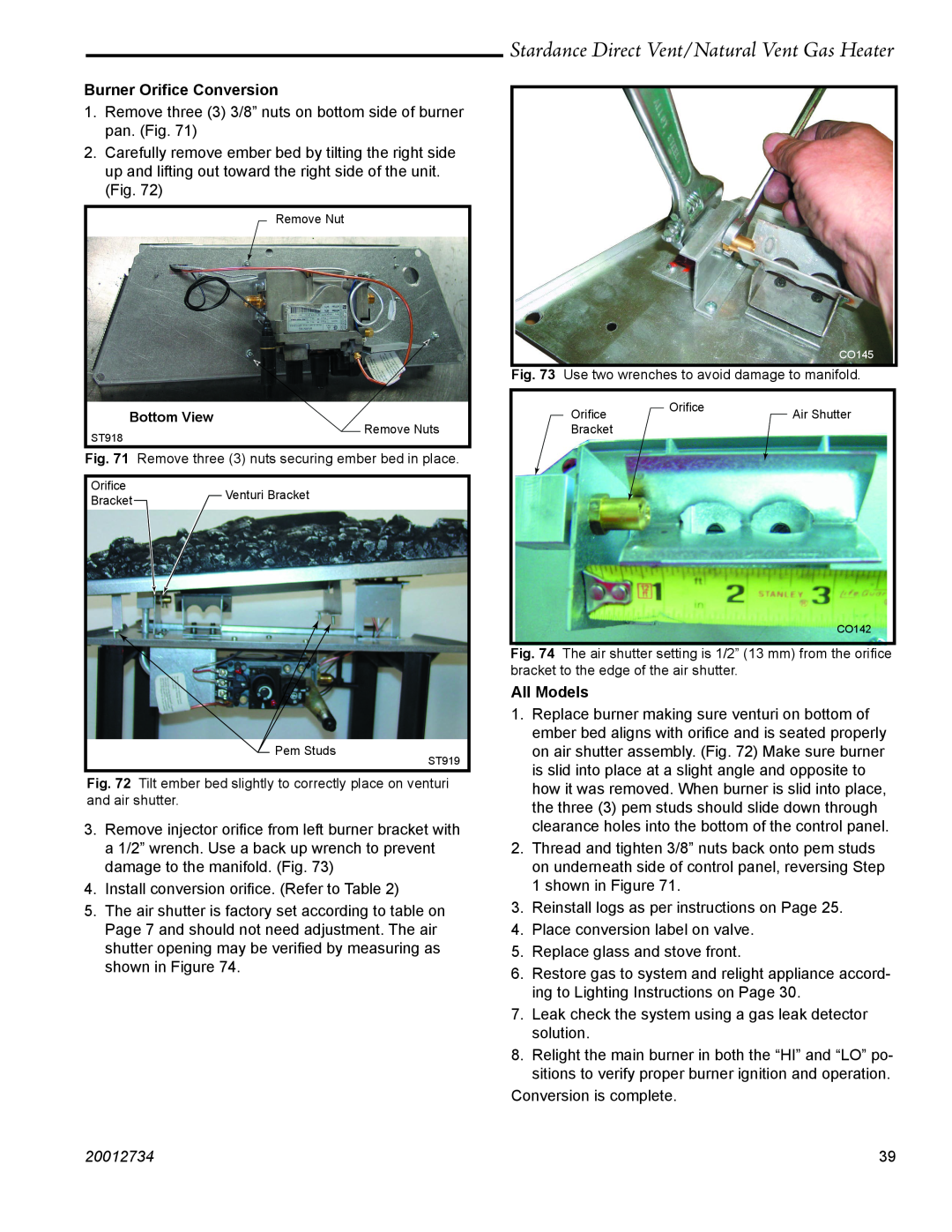 Vermont Casting SDDVT manual Stardance Direct Vent/Natural Vent Gas Heater, Burner Oriﬁce Conversion, All Models, 20012734 