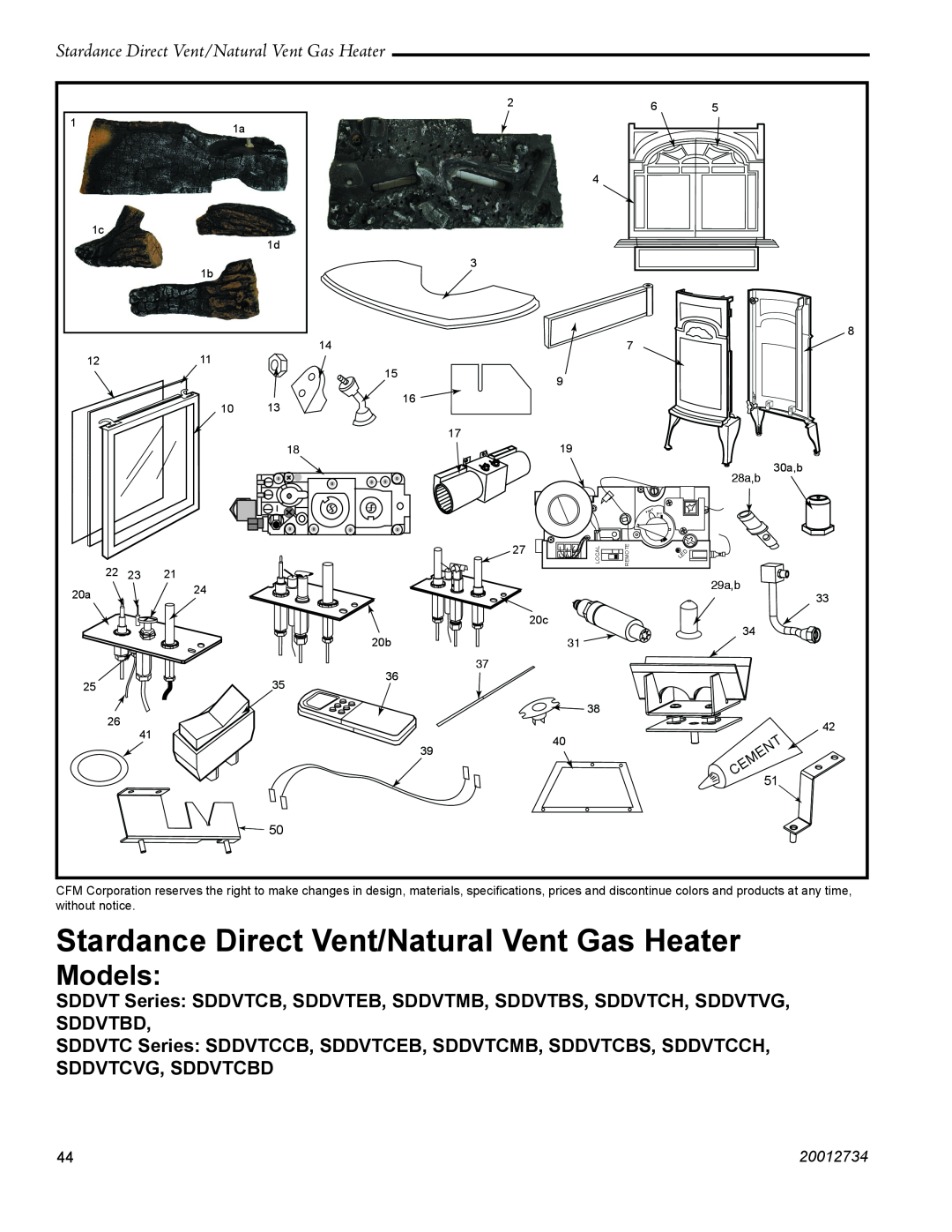 Vermont Casting SDDVT manual Sddvtbd, Sddvtcvg, Sddvtcbd, Stardance Direct Vent/Natural Vent Gas Heater, Models, 20012734 