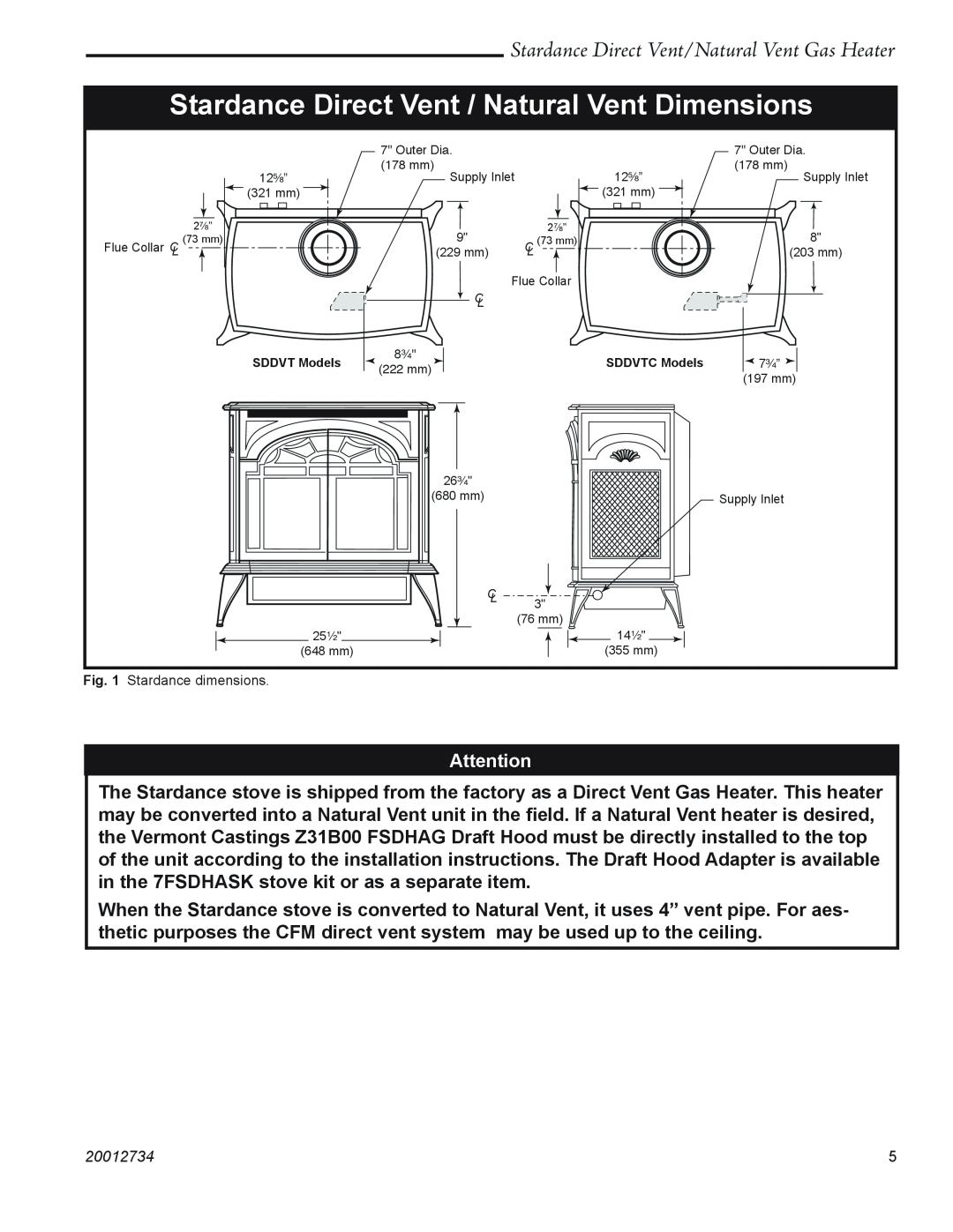 Vermont Casting SDDVT manual Stardance Direct Vent / Natural Vent Dimensions, Stardance Direct Vent/Natural Vent Gas Heater 