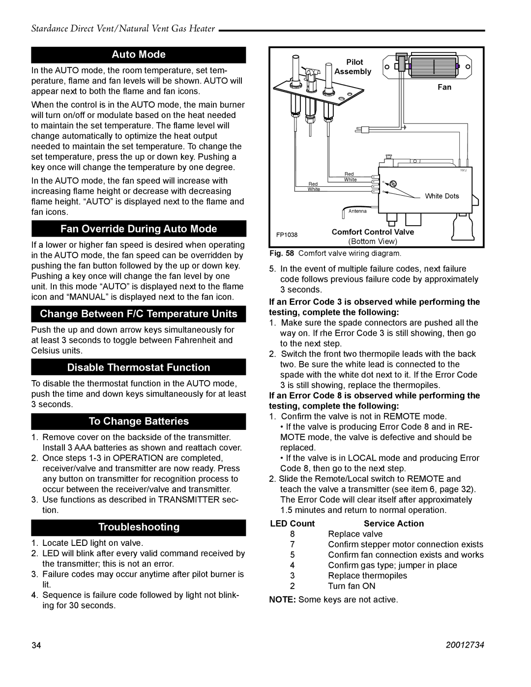 Vermont Casting SDDVTCMB Fan Override During Auto Mode, Change Between F/C Temperature Units, To Change Batteries 