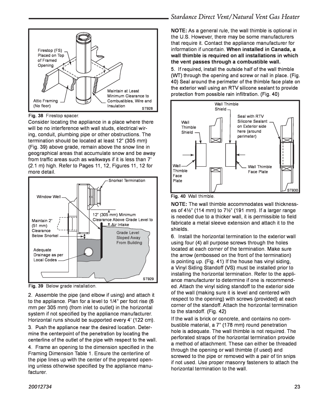 Vermont Casting manual Stardance Direct Vent/Natural Vent Gas Heater, 20012734, Firestop spacer, Below grade installation 