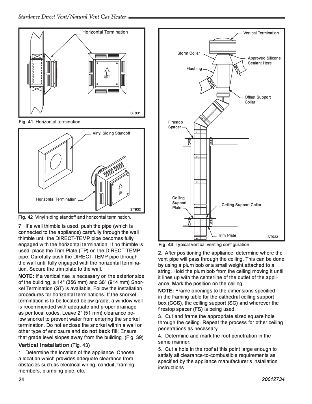 Vermont Casting SDDVTCVG, SDDVTCMB manual Stardance Direct Vent/Natural Vent Gas Heater, Vertical Installation Fig, 20012734 