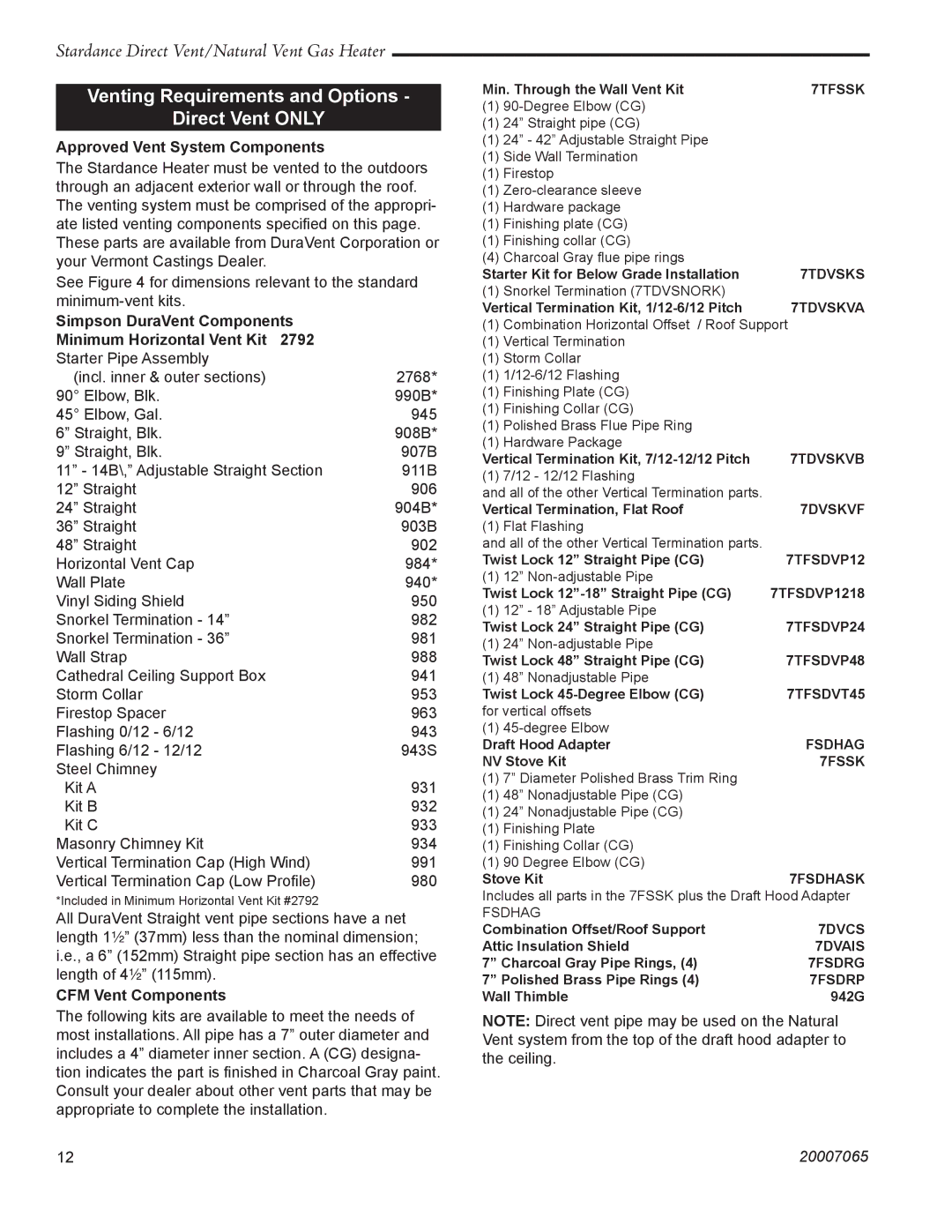 Vermont Casting SDV30 manual Venting Requirements and Options, Approved Vent System Components, Simpson DuraVent Components 