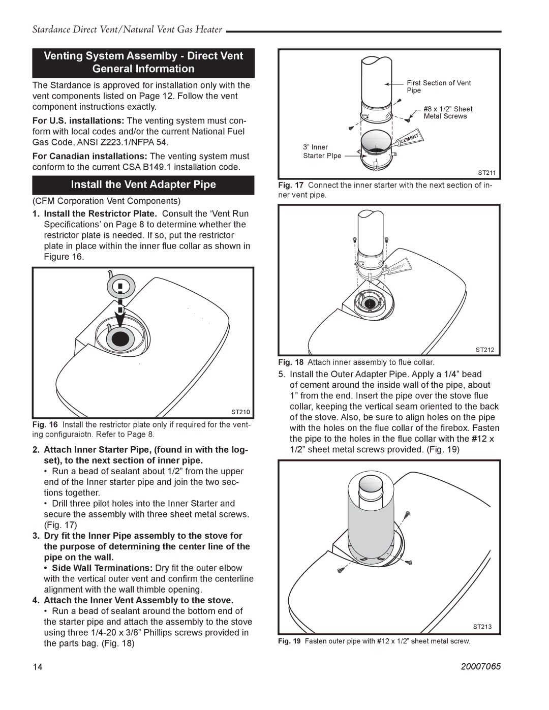 Vermont Casting SDV30 manual Venting System Assemlby Direct Vent General Information, Install the Vent Adapter Pipe 