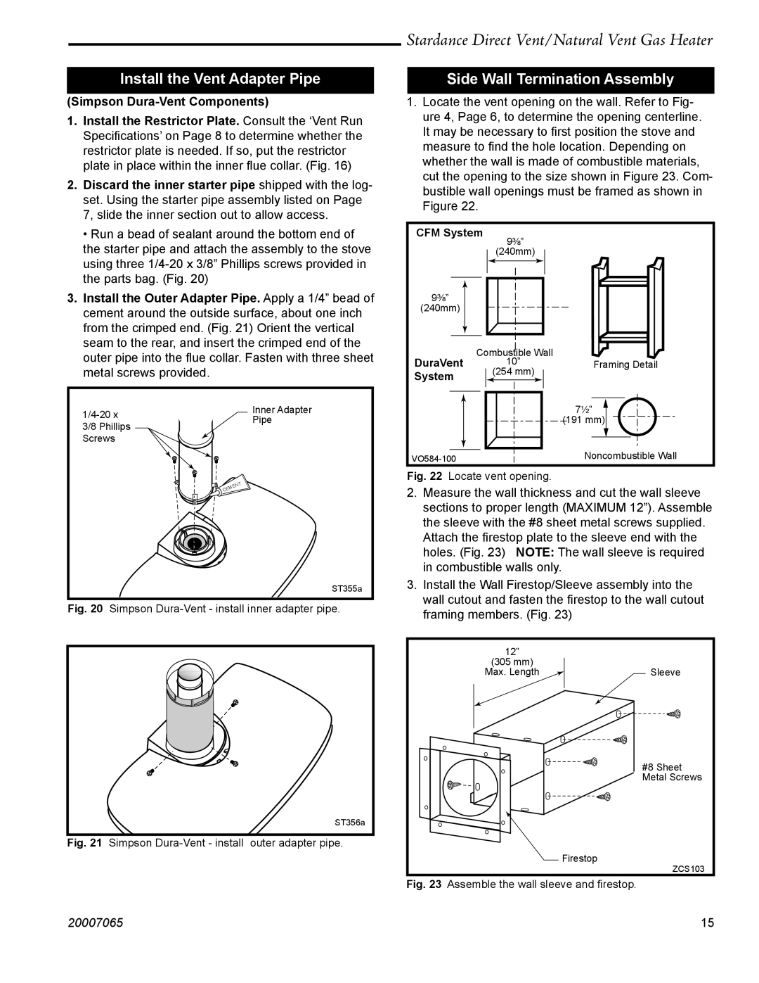 Vermont Casting SDV30 manual Side Wall Termination Assembly, Simpson Dura-Vent install inner adapter pipe 