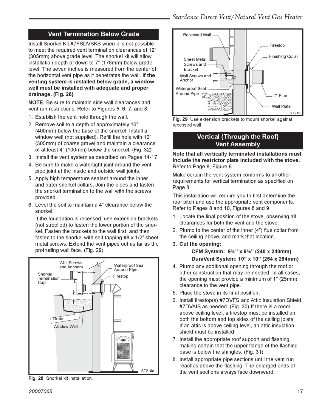 Vermont Casting SDV30 manual Vent Termination Below Grade, Vertical Through the Roof Vent Assembly 