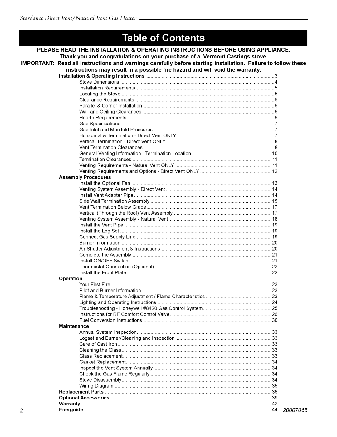 Vermont Casting SDV30 manual Table of Contents 