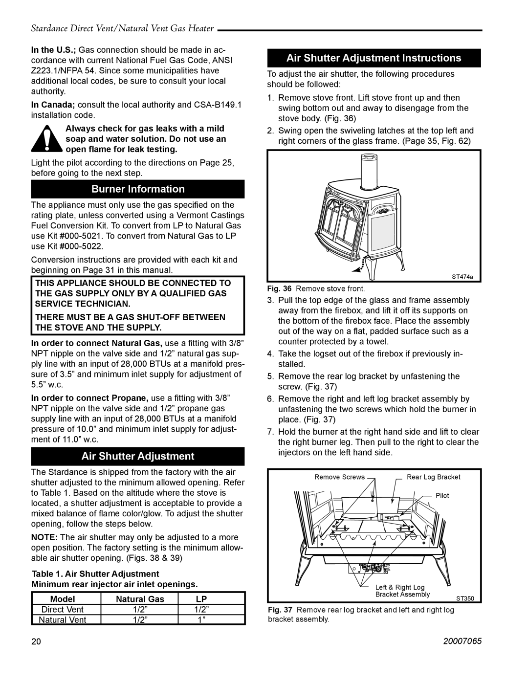 Vermont Casting SDV30 manual Burner Information, Air Shutter Adjustment Instructions 