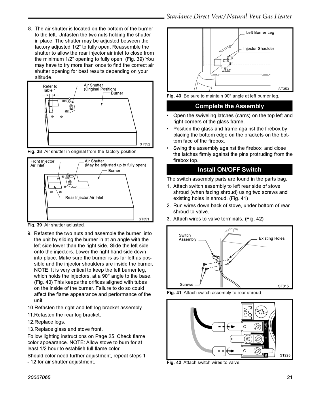 Vermont Casting SDV30 manual Complete the Assembly, Install ON/OFF Switch 