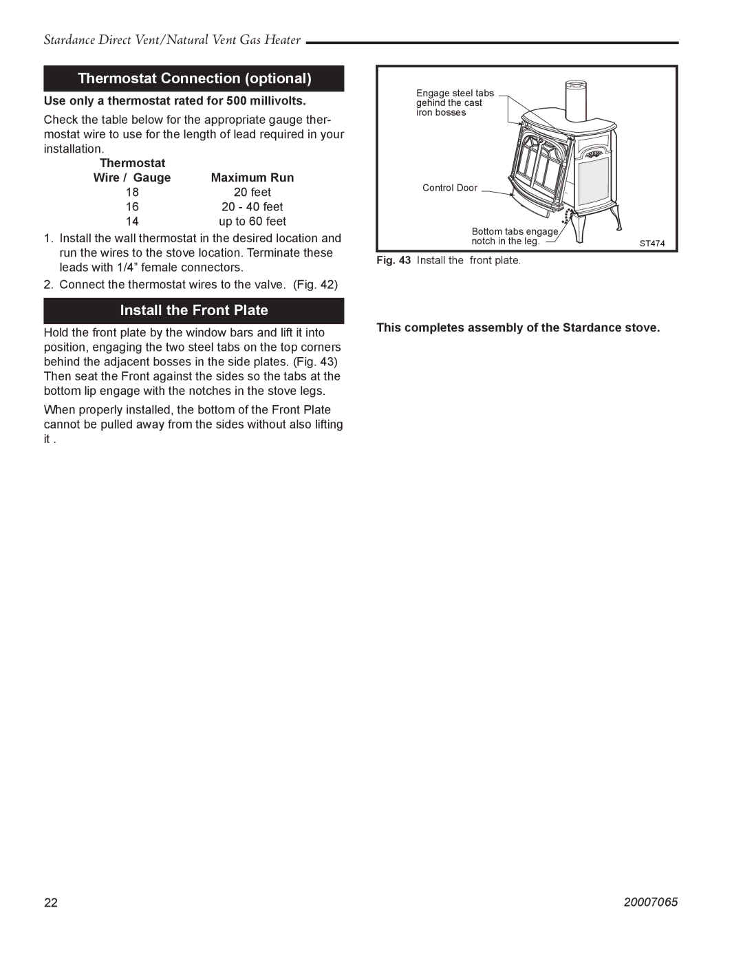 Vermont Casting SDV30 manual Thermostat Connection optional, Install the Front Plate, Thermostat Wire / Gauge 