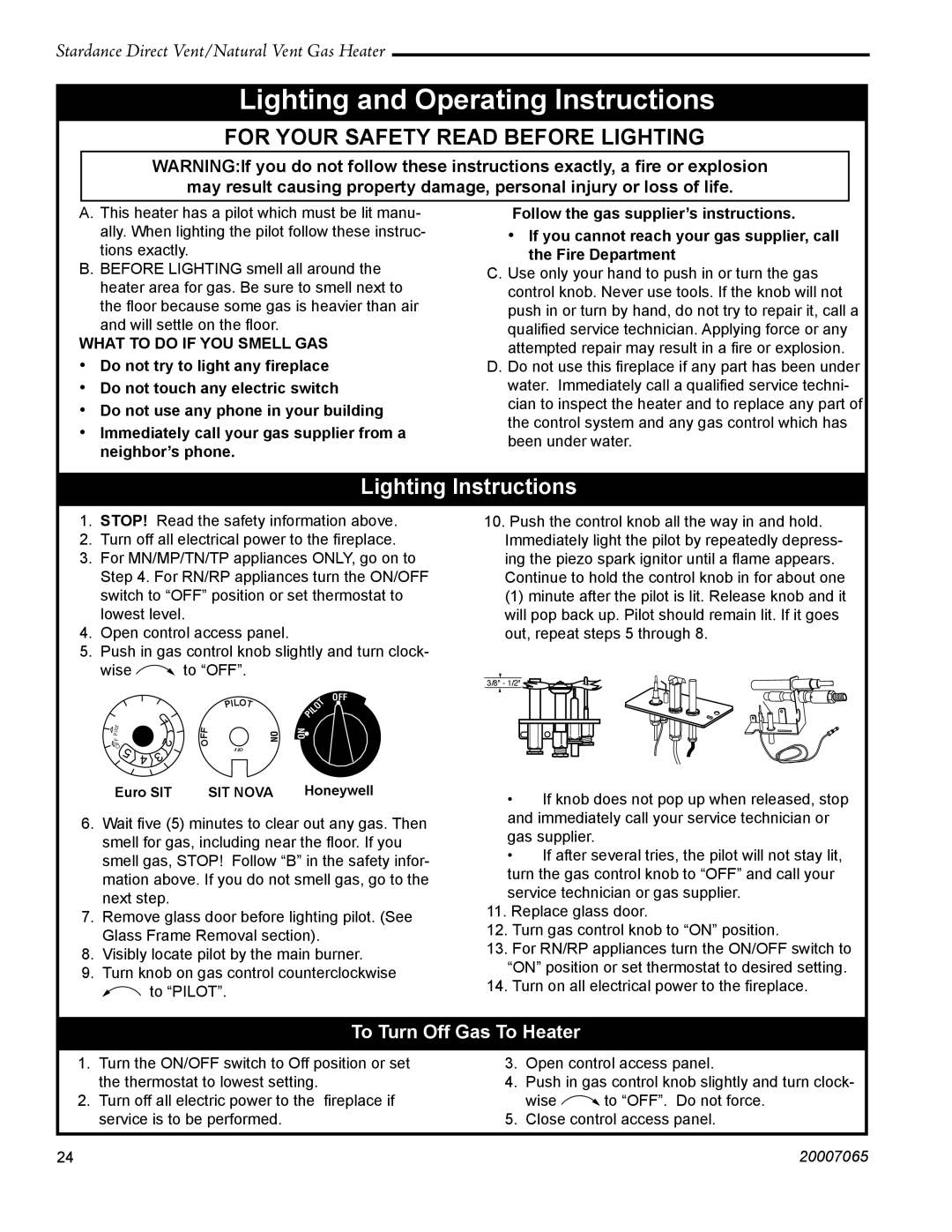 Vermont Casting SDV30 manual Lighting and Operating Instructions, To Turn Off Gas To Heater 