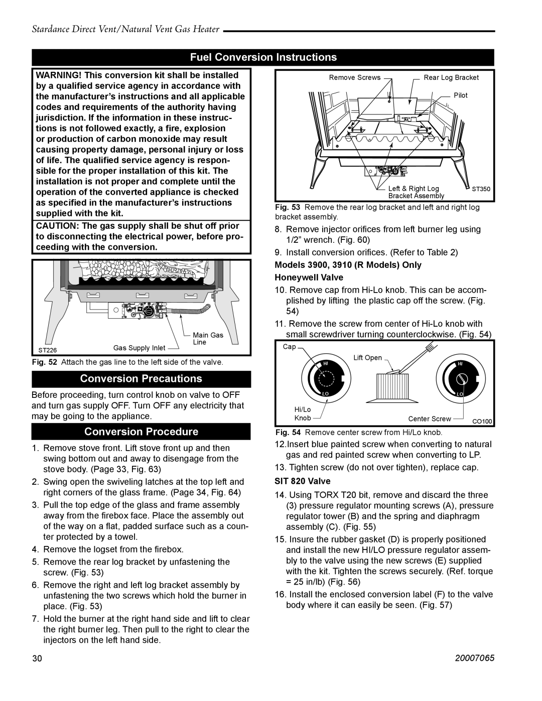 Vermont Casting SDV30 manual Fuel Conversion Instructions, Conversion Precautions, Conversion Procedure, SIT 820 Valve 