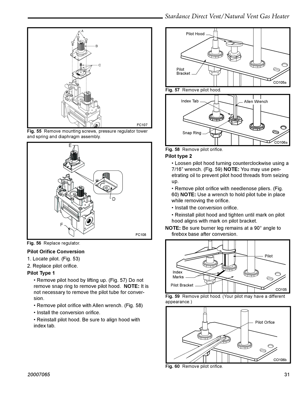 Vermont Casting SDV30 manual Pilot type, Pilot Oriﬁce Conversion 