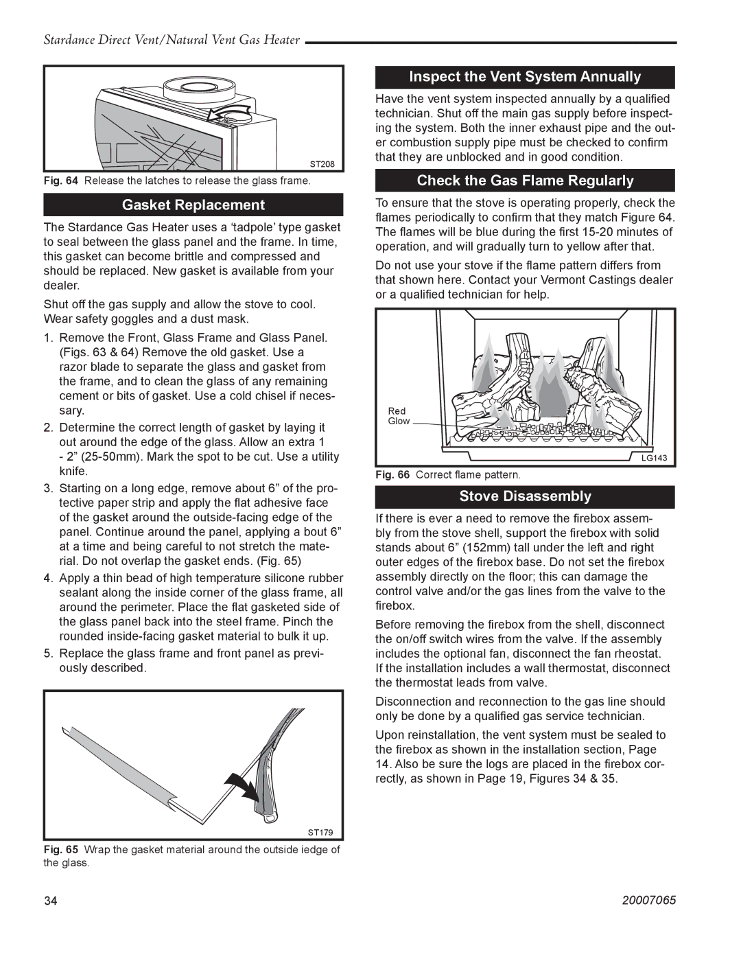 Vermont Casting SDV30 manual Gasket Replacement, Inspect the Vent System Annually, Check the Gas Flame Regularly 