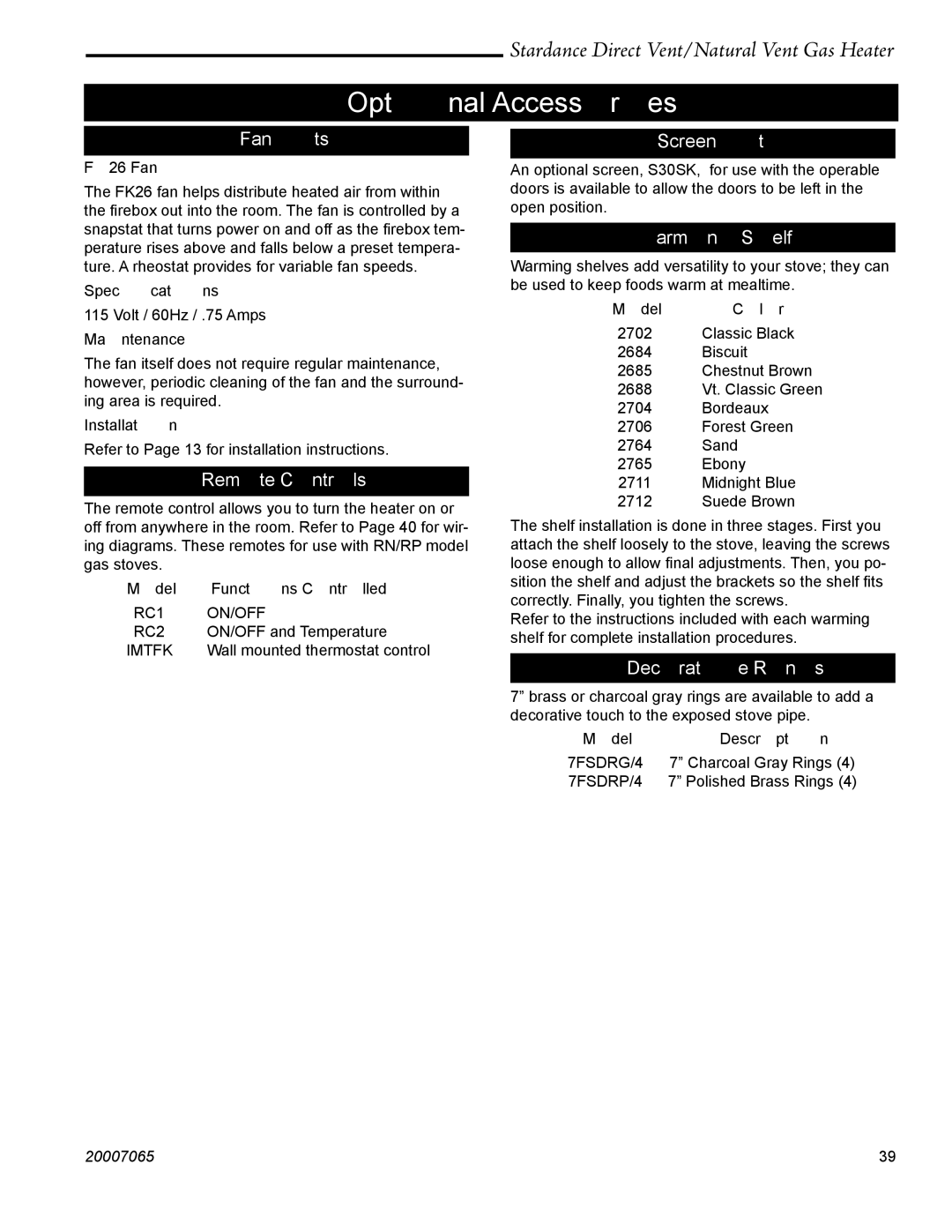 Vermont Casting SDV30 manual Optional Accessories 