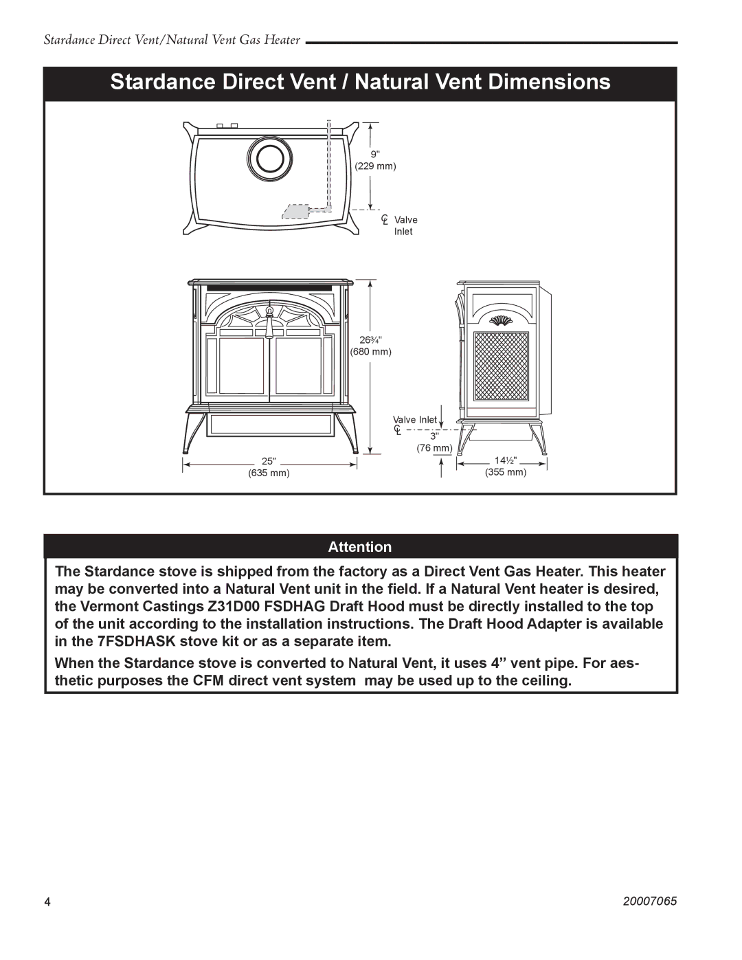 Vermont Casting SDV30 manual Stardance Direct Vent / Natural Vent Dimensions 