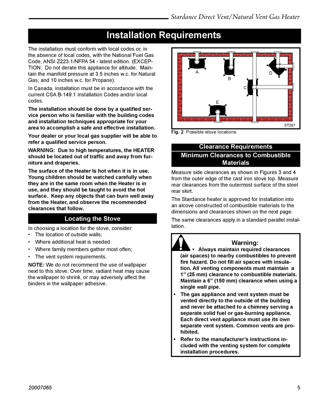 Vermont Casting SDV30 Installation Requirements, Clearance Requirements, Minimum Clearances to Combustible, Materials 