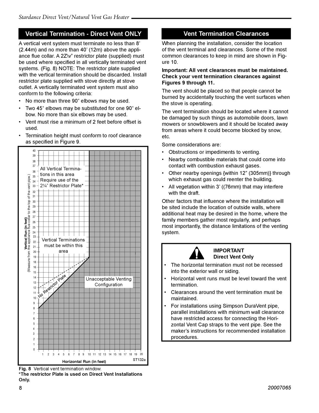 Vermont Casting SDV30 manual Vertical Termination Direct Vent only, Vent Termination Clearances, Direct Vent Only 