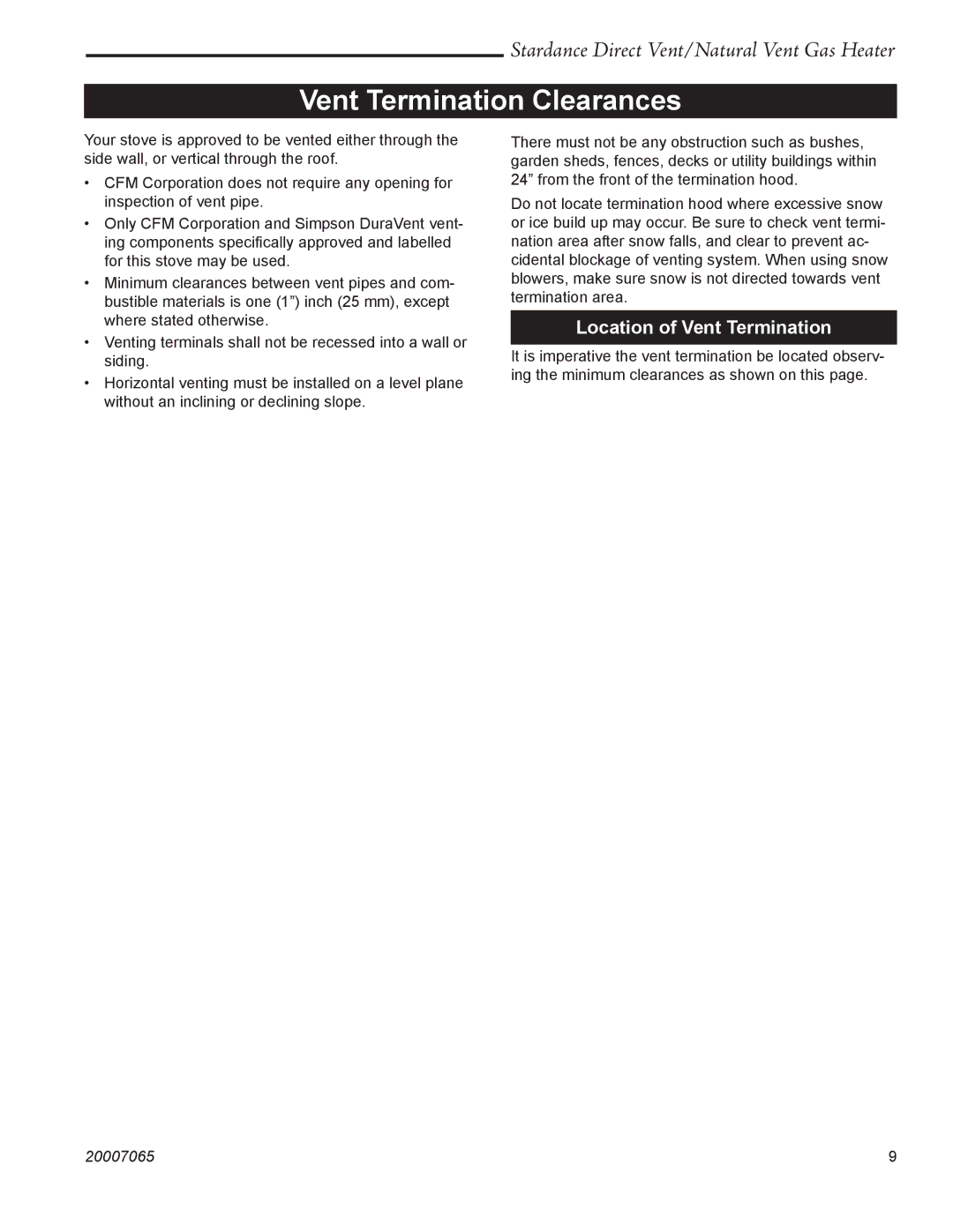 Vermont Casting SDV30 manual Vent Termination Clearances, Location of Vent Termination 