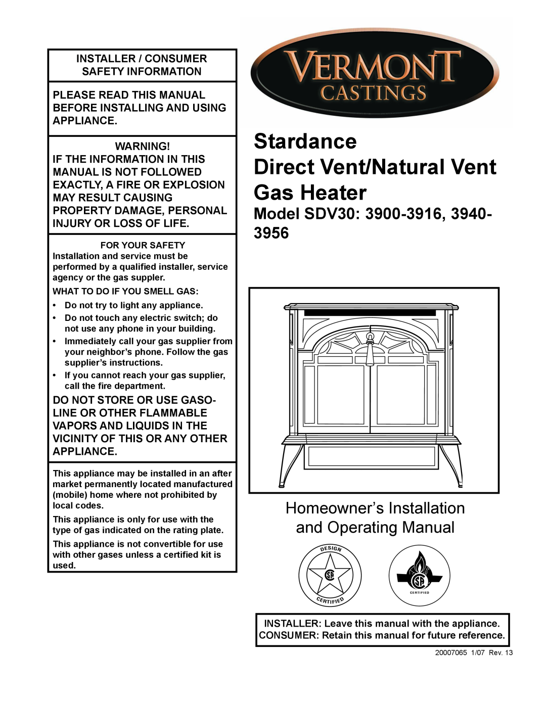 Vermont Casting manual Model SDV30 3900-3916,3940, Stardance Direct Vent/Natural Vent Gas Heater 