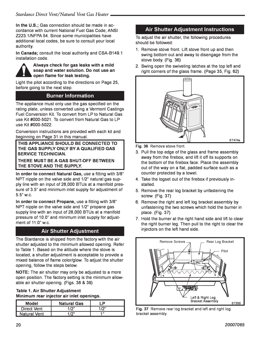Vermont Casting SDV30 manual Burner Information, Air Shutter Adjustment Instructions, 20007065 