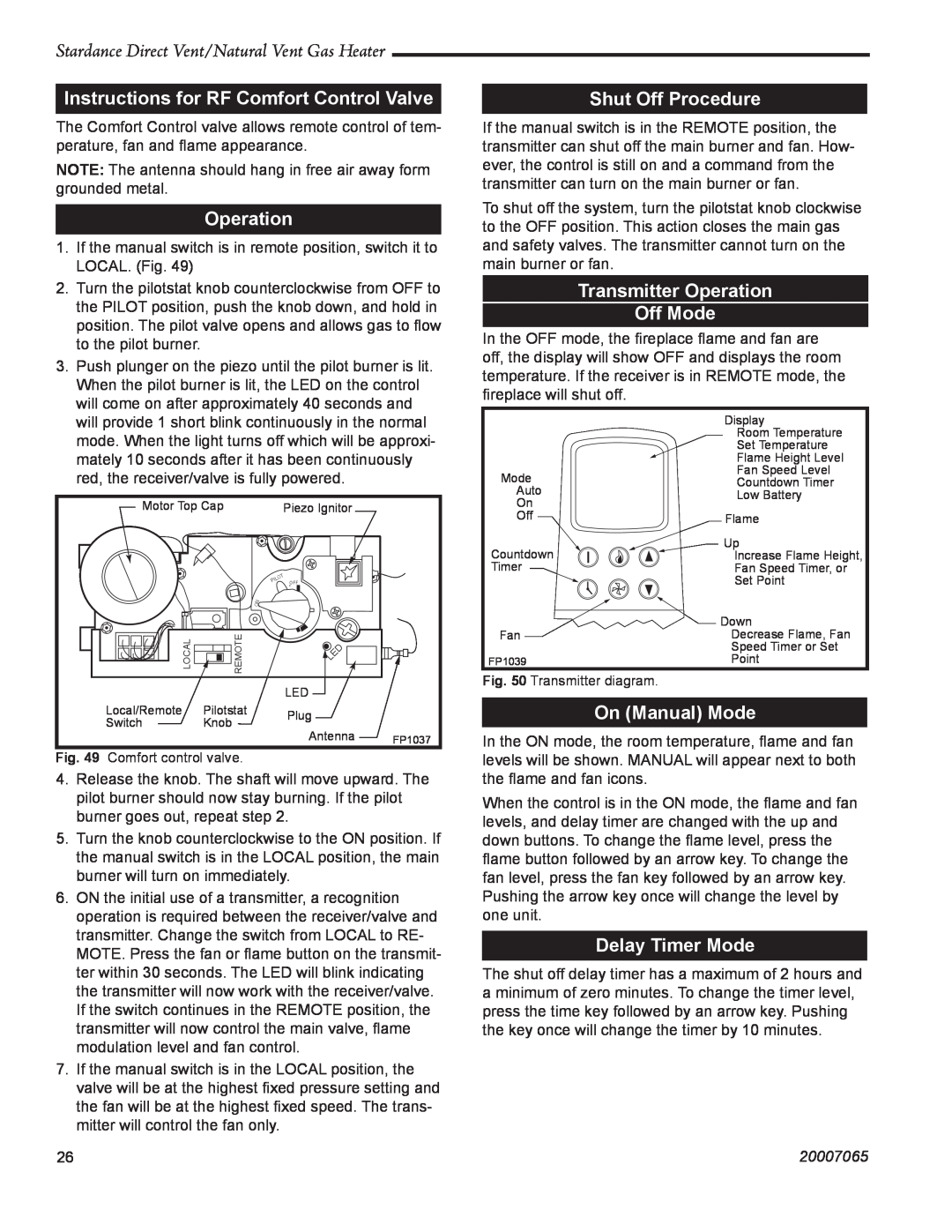 Vermont Casting SDV30 Instructions for RF Comfort Control Valve, Operation, Shut Off Procedure, On Manual Mode, 20007065 