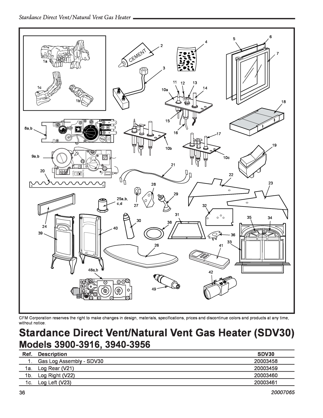 Vermont Casting SDV30 manual Models, Stardance Direct Vent/Natural Vent Gas Heater, Description, 20007065 