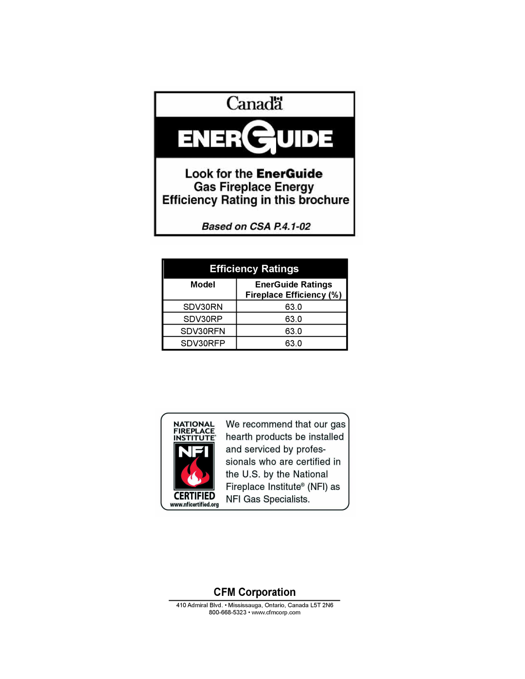 Vermont Casting SDV30 manual CFM Corporation, Efﬁciency Ratings 