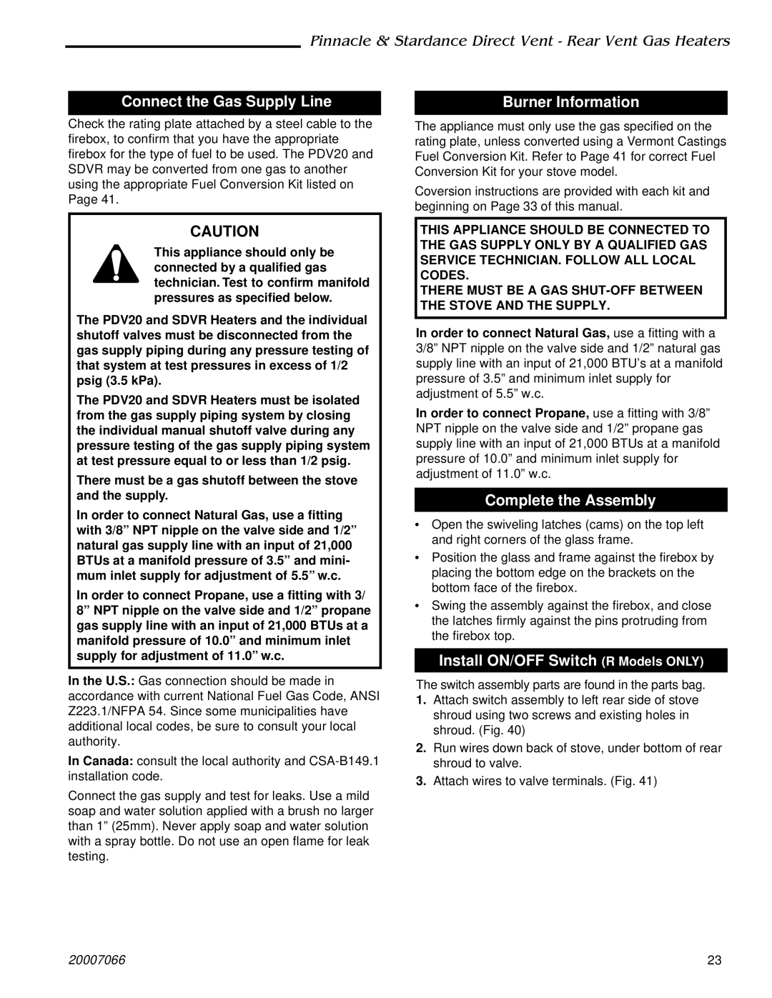 Vermont Casting 3926, SDVR, PDV20: 3920, 4075, 3930 Connect the Gas Supply Line, Burner Information, Complete the Assembly 