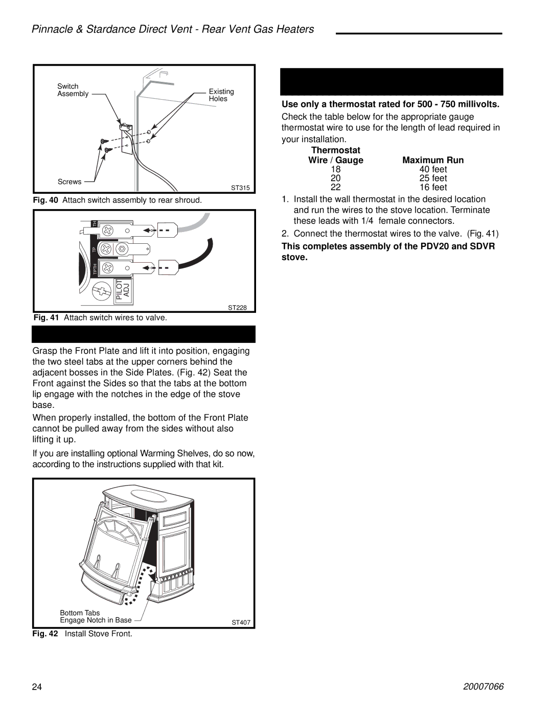 Vermont Casting 4080 Thermostat Connection, Install the Front Plate, Use only a thermostat rated for 500 750 millivolts 