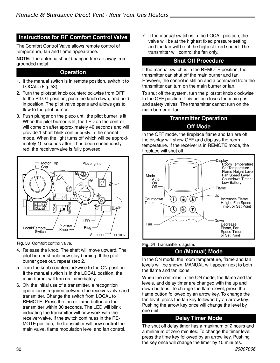 Vermont Casting 4070, SDVR, 4075 Instructions for RF Comfort Control Valve, Operation, Shut Off Procedure, On Manual Mode 