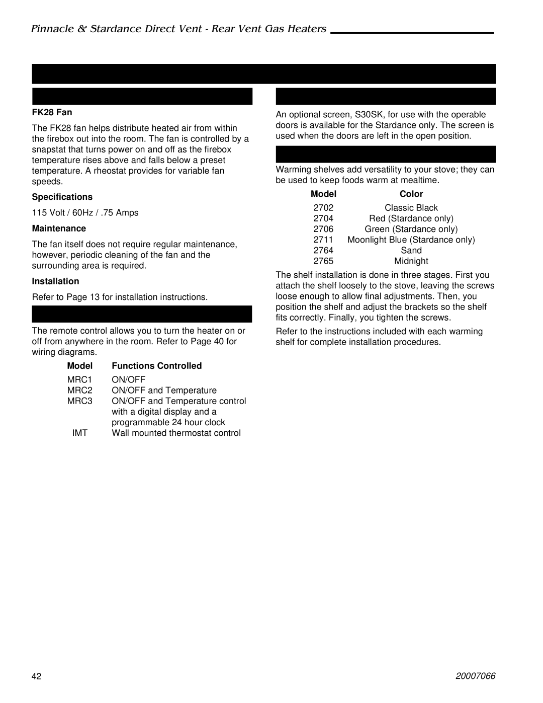 Vermont Casting 3930, SDVR, PDV20: 3920, 4075 Optional Accessories, Fan Kits, Remote Controls, Screen Kit, Warming Shelf 