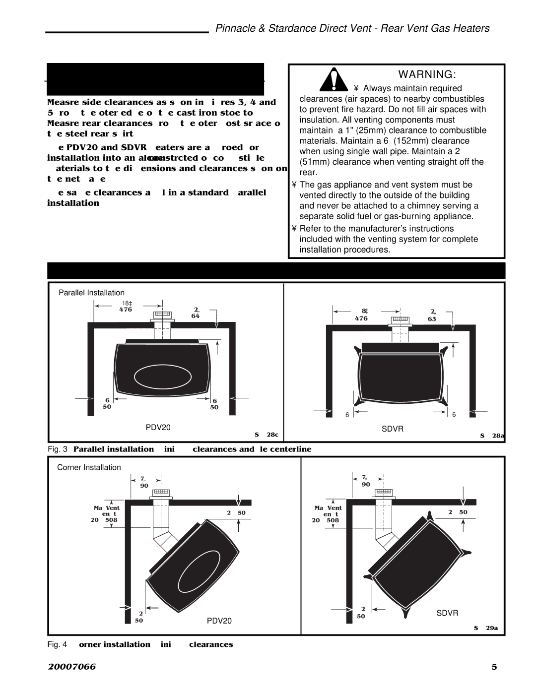 Vermont Casting 3976, SDVR, PDV20: 3920, 4075, 3930, 4070 Clearance Requirements, Minimum Clearances to Combustible Materials 