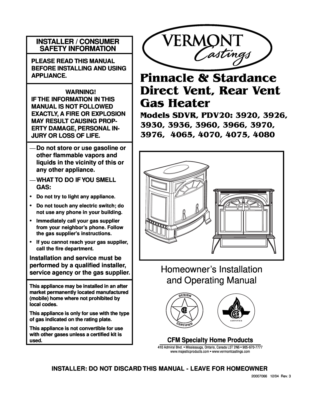 Vermont Casting PDV20: 3920 manual CFM Specialty Home Products, What To Do If You Smell Gas, Models SDVR, PDV20 3920, 3976 