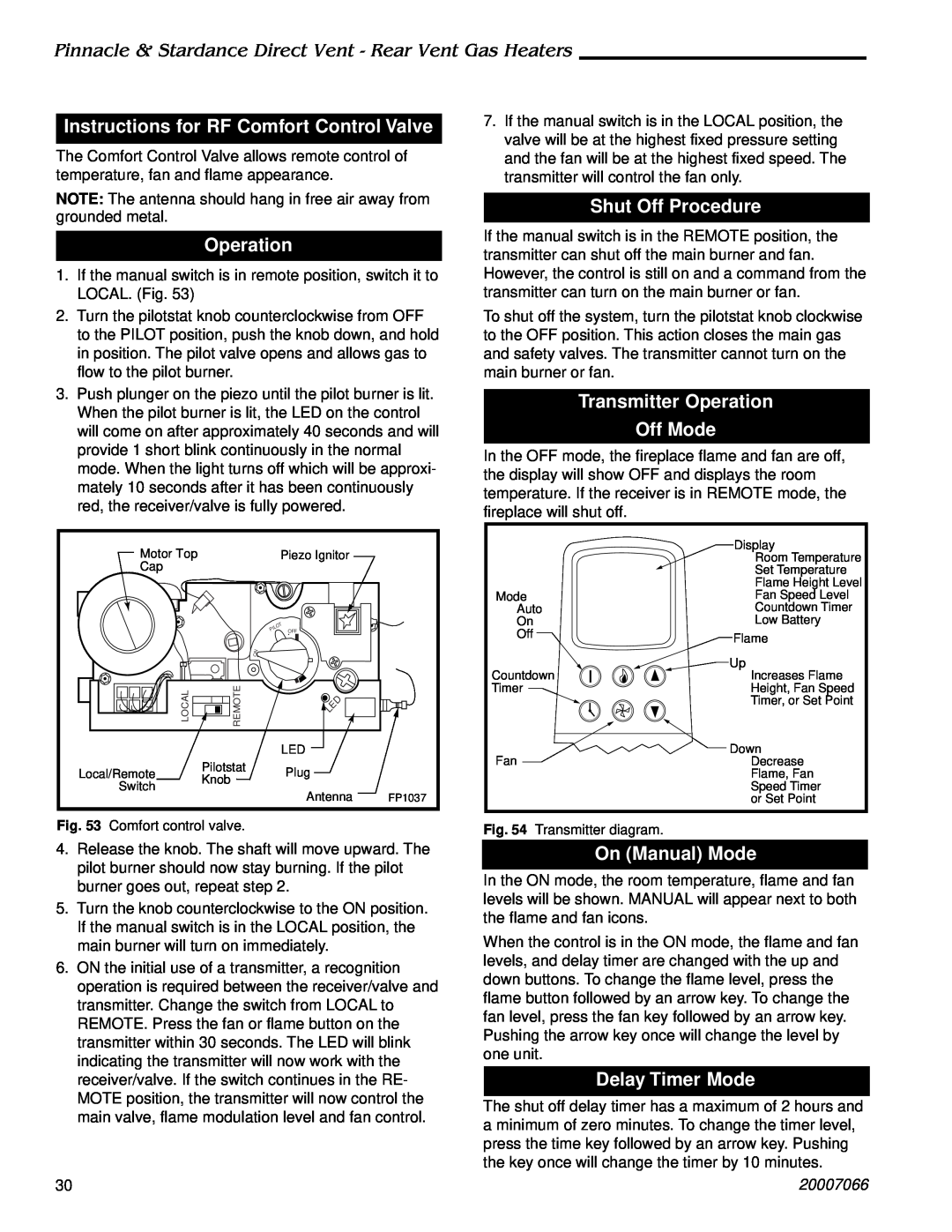 Vermont Casting 4070 Instructions for RF Comfort Control Valve, Operation, Shut Off Procedure, On Manual Mode, 20007066 