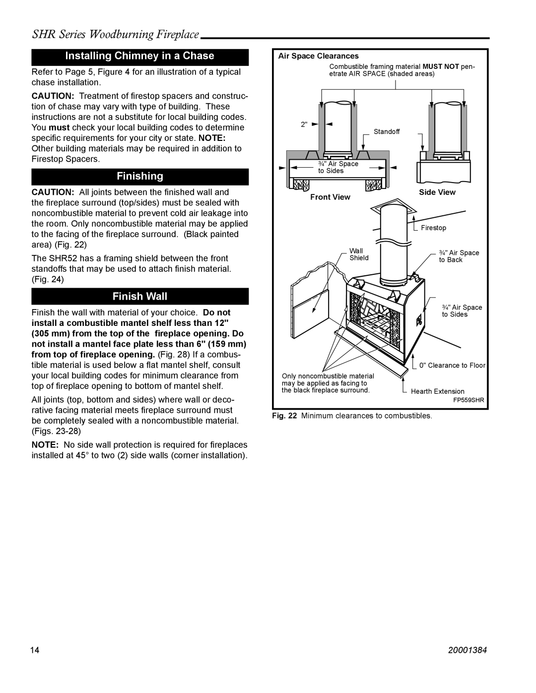 Vermont Casting SHR48, SHR52, SHR42A, SHR36 manual Installing Chimney in a Chase, Finishing, Finish Wall 