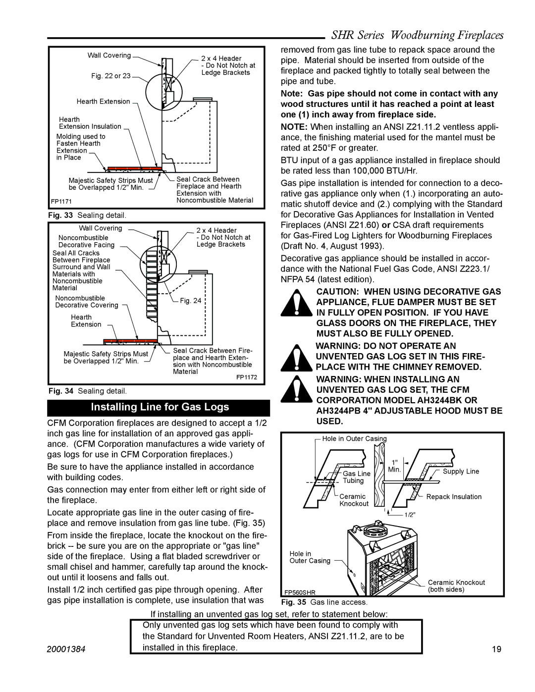 Vermont Casting SHR36, SHR52, SHR42A, SHR48 manual Installing Line for Gas Logs, Sealing detail 