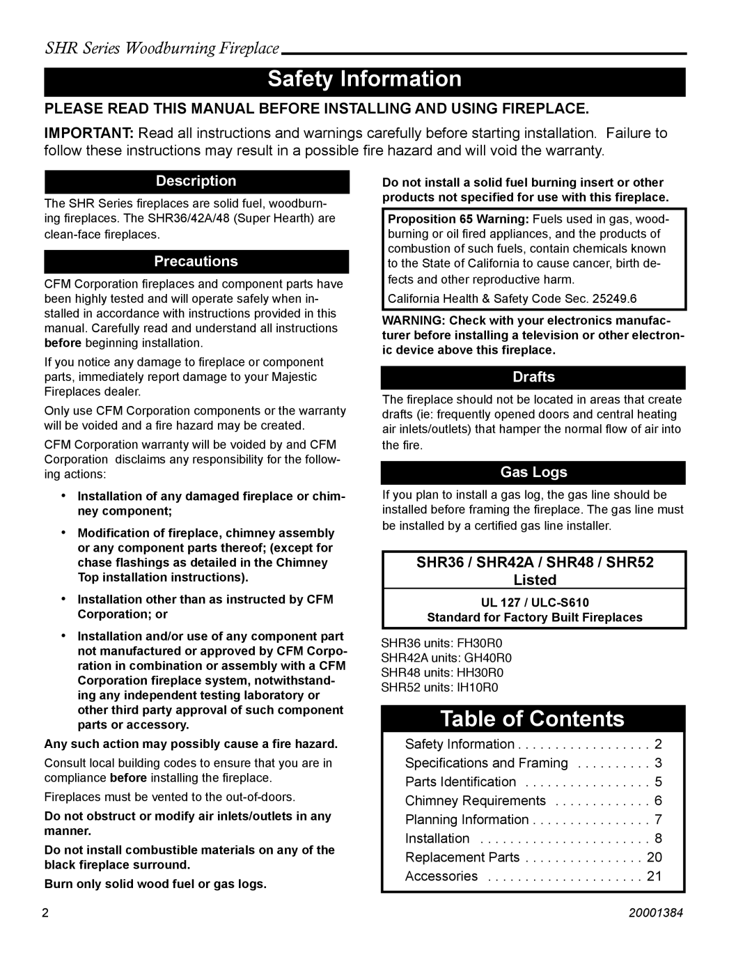 Vermont Casting SHR48, SHR52, SHR42A, SHR36 manual Safety Information, Table of Contents 