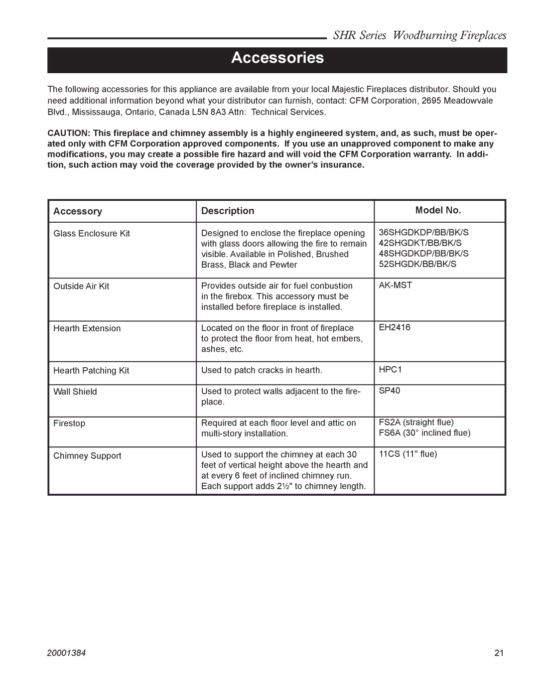 Vermont Casting SHR42A, SHR52, SHR48, SHR36 manual Accessories, Accessory Description Model No 