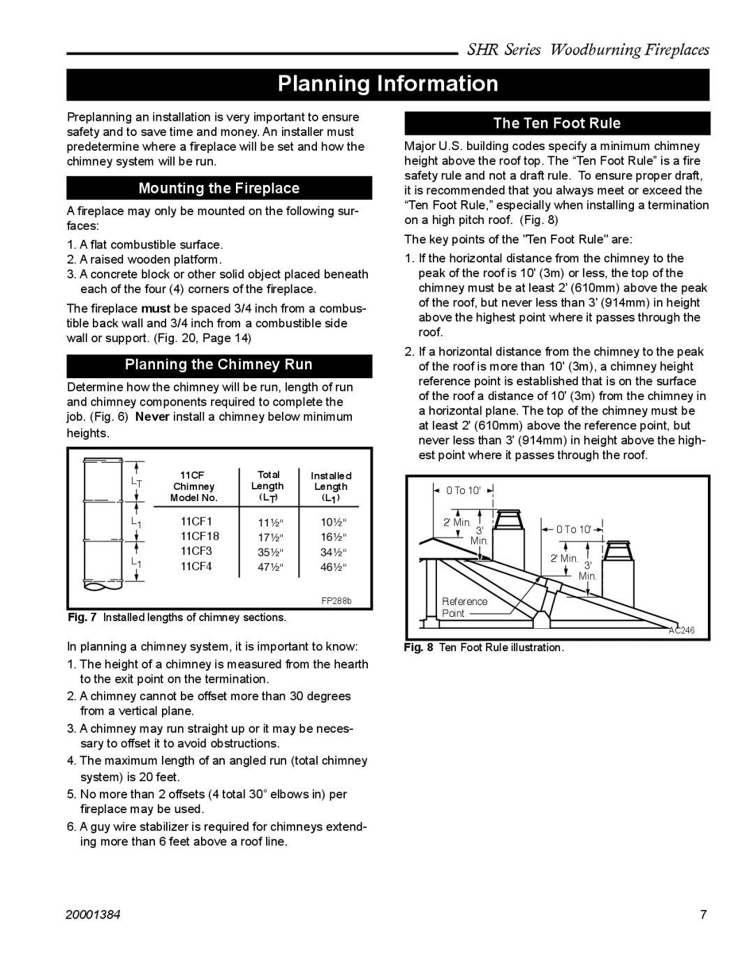 Vermont Casting SHR36, SHR52, SHR42A Planning Information, Mounting the Fireplace, Planning the Chimney Run, Ten Foot Rule 