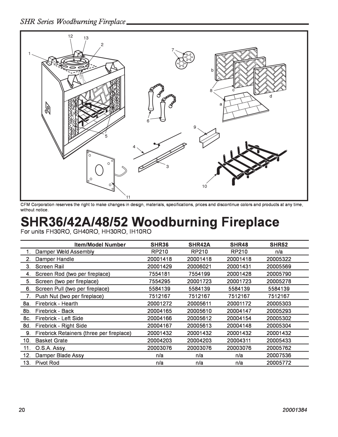 Vermont Casting SHR52 SHR36/42A/48/52 Woodburning Fireplace, SHR Series Woodburning Fireplace, Item/Model Number, SHR42A 