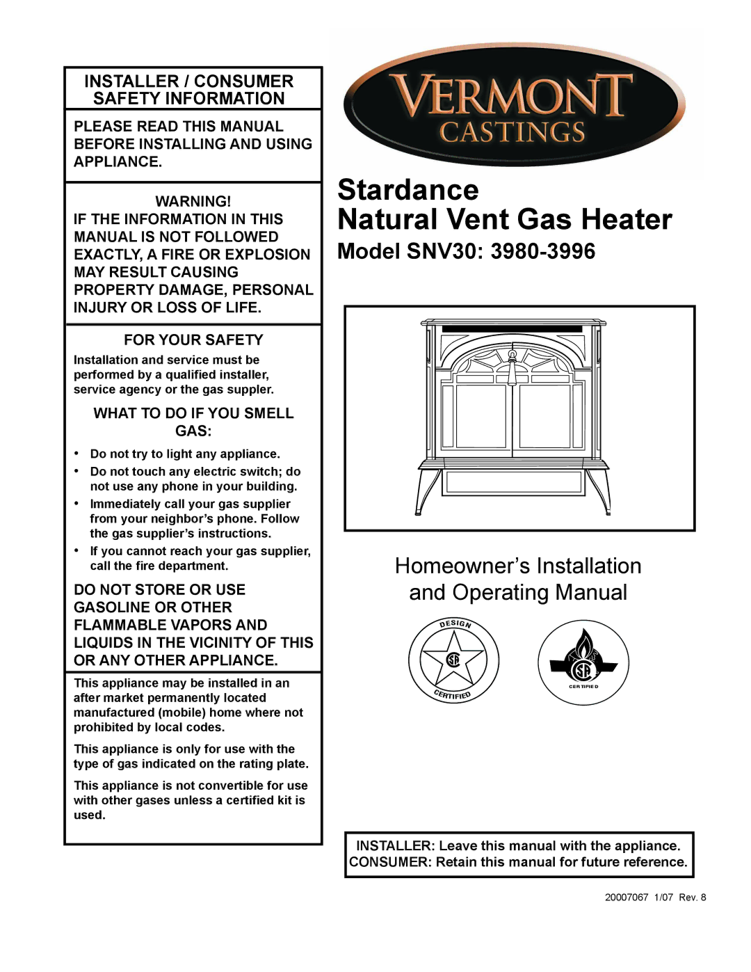 Vermont Casting SNV30 manual Stardance Natural Vent Gas Heater 