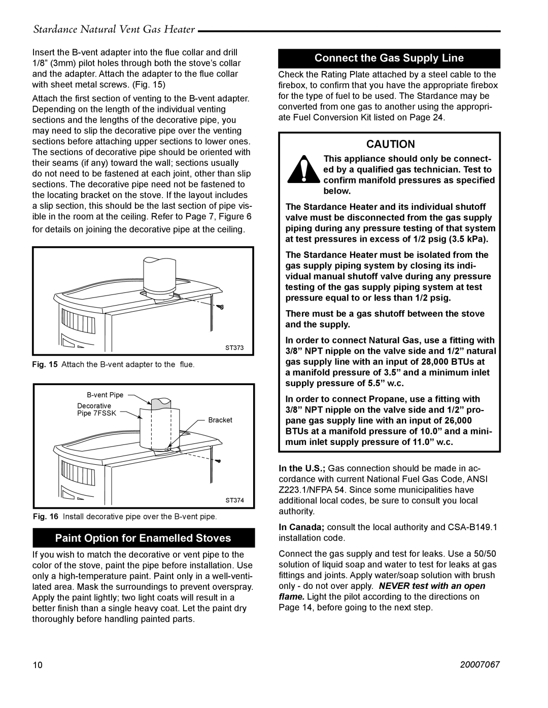 Vermont Casting SNV30 manual Paint Option for Enamelled Stoves, Connect the Gas Supply Line 