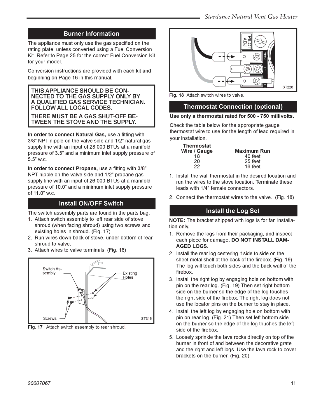 Vermont Casting SNV30 manual Burner Information, Install ON/OFF Switch, Thermostat Connection optional, Install the Log Set 