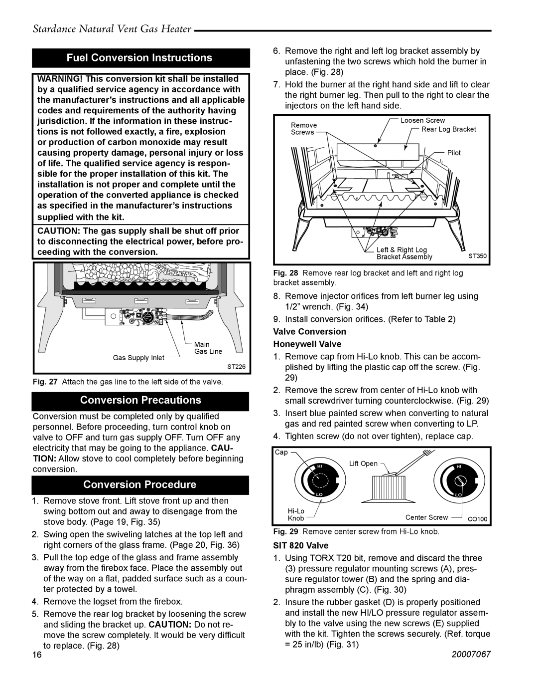 Vermont Casting SNV30 manual Fuel Conversion Instructions, Conversion Precautions, Conversion Procedure, SIT 820 Valve 