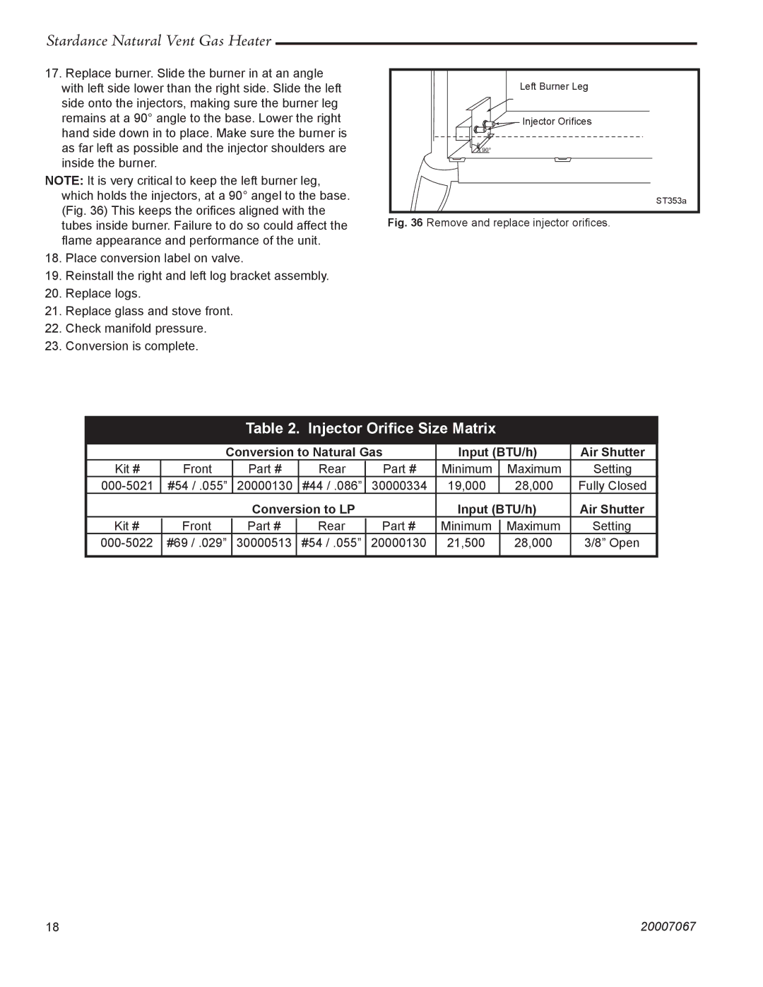 Vermont Casting SNV30 manual Injector Oriﬁce Size Matrix, Conversion to Natural Gas Input BTU/h Air Shutter 