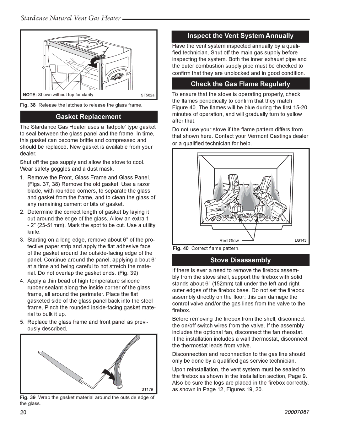 Vermont Casting SNV30 manual Gasket Replacement, Inspect the Vent System Annually, Check the Gas Flame Regularly 