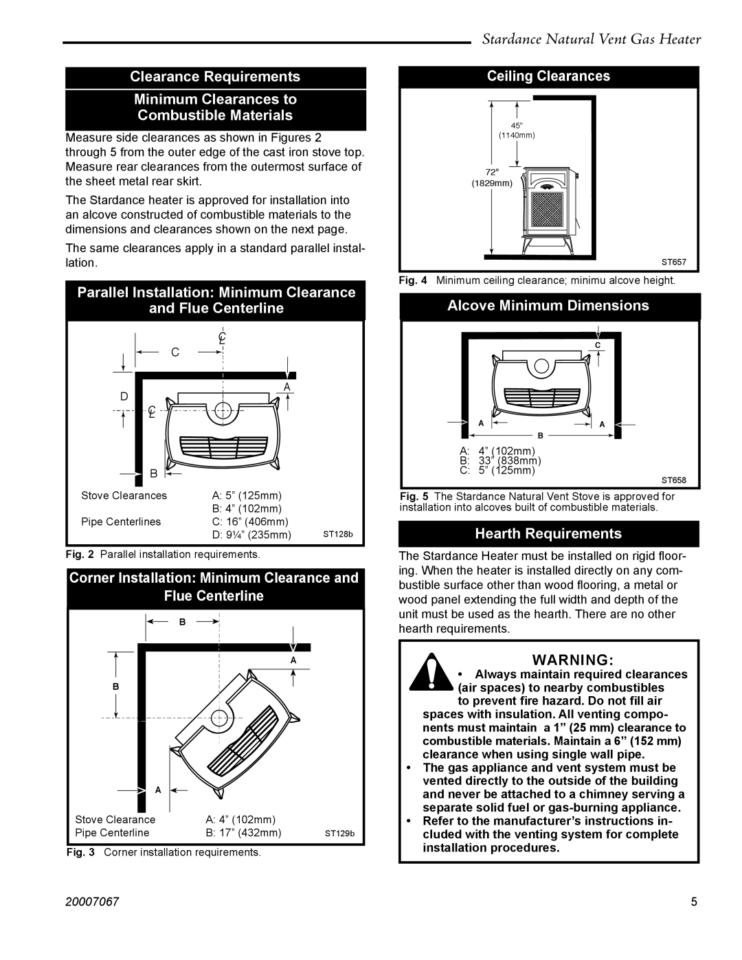 Vermont Casting SNV30 Parallel Installation Minimum Clearance Flue Centerline, Ceiling Clearances, Hearth Requirements 